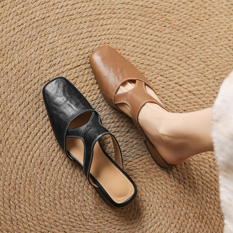 Square-Toe Sheepskin Leather Mules Y2796