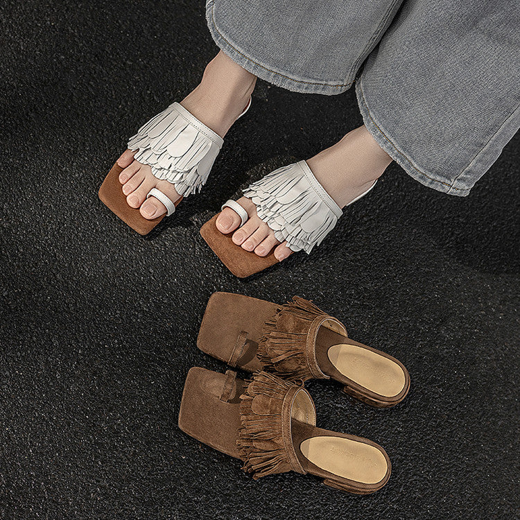 Fringed Suede Leather Toe-Ring Slide Sandals Y2827