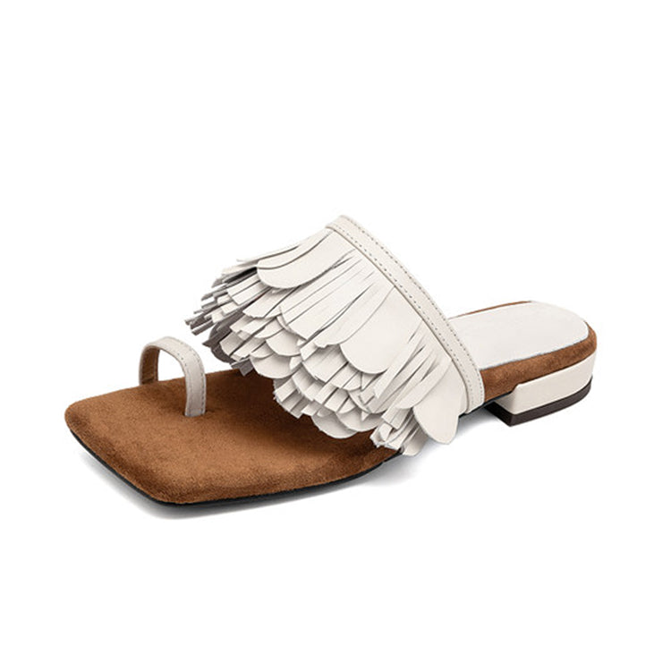 Fringed Suede Leather Toe-Ring Slide Sandals Y2827