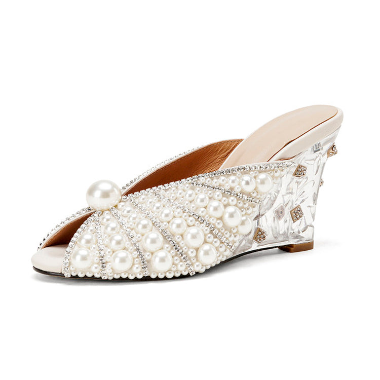 Pearl Embellished Peep-Toe wedge Sandals Y2898