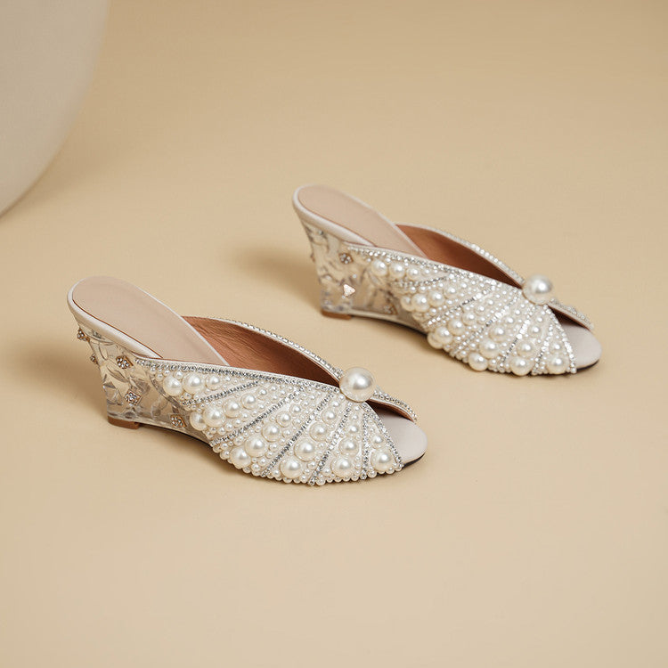 Pearl Embellished Peep-Toe wedge Sandals Y2898