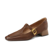 Ladies Square Toe T-strap Top-grain Sheepskin Block Low Heel Mary Janes Y2518 Mary Janes Y2518 DarkBrown US5/EU34