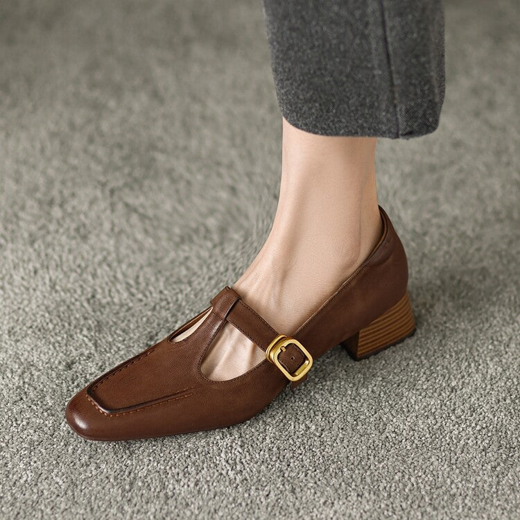 Ladies Square Toe T-strap Top-grain Sheepskin Block Low Heel Mary Janes Y2518 Mary Janes Y2518