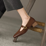 Ladies Square Toe T-strap Top-grain Sheepskin Block Low Heel Mary Janes Y2518 Mary Janes Y2518