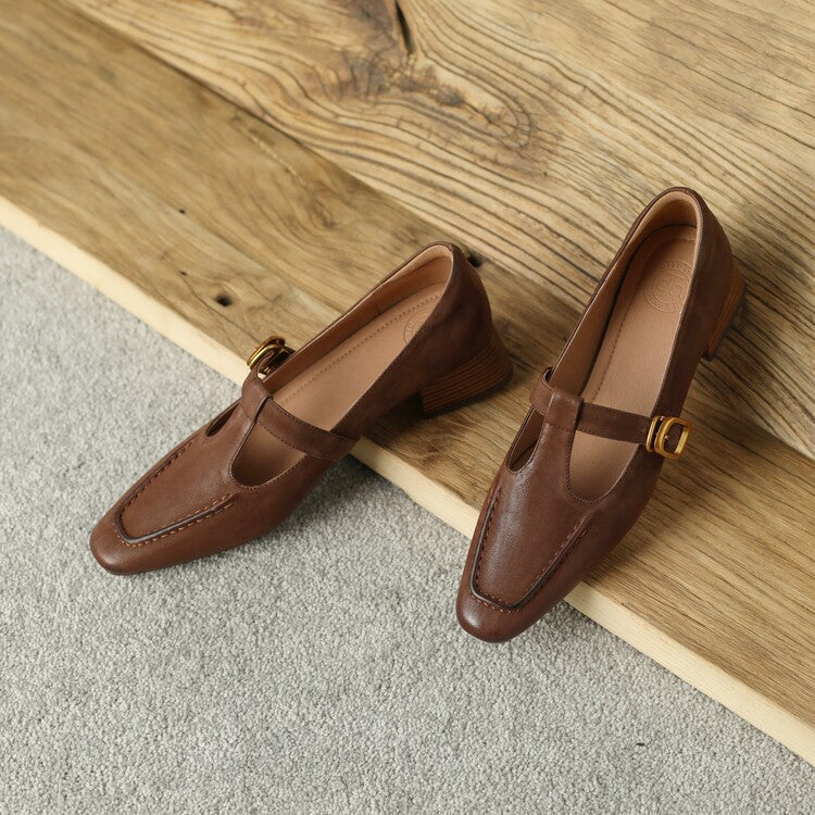 Ladies Square Toe T-strap Top-grain Sheepskin Block Low Heel Mary Janes Y2518 Mary Janes Y2518