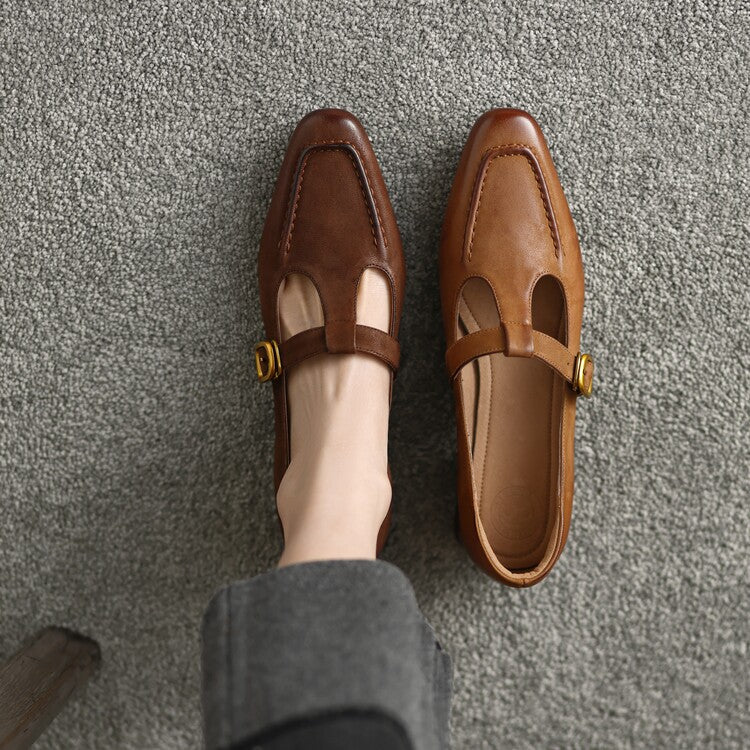 Ladies Square Toe T-strap Top-grain Sheepskin Block Low Heel Mary Janes Y2518 Mary Janes Y2518