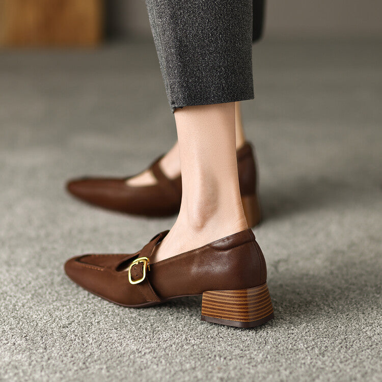 Ladies Square Toe T-strap Top-grain Sheepskin Block Low Heel Mary Janes Y2518 Mary Janes Y2518