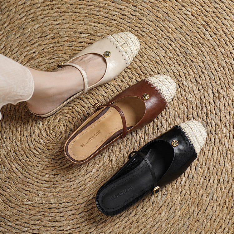 Woven Cap-Toe Leather Mary Jane Mules with Hidden Lift Y2808