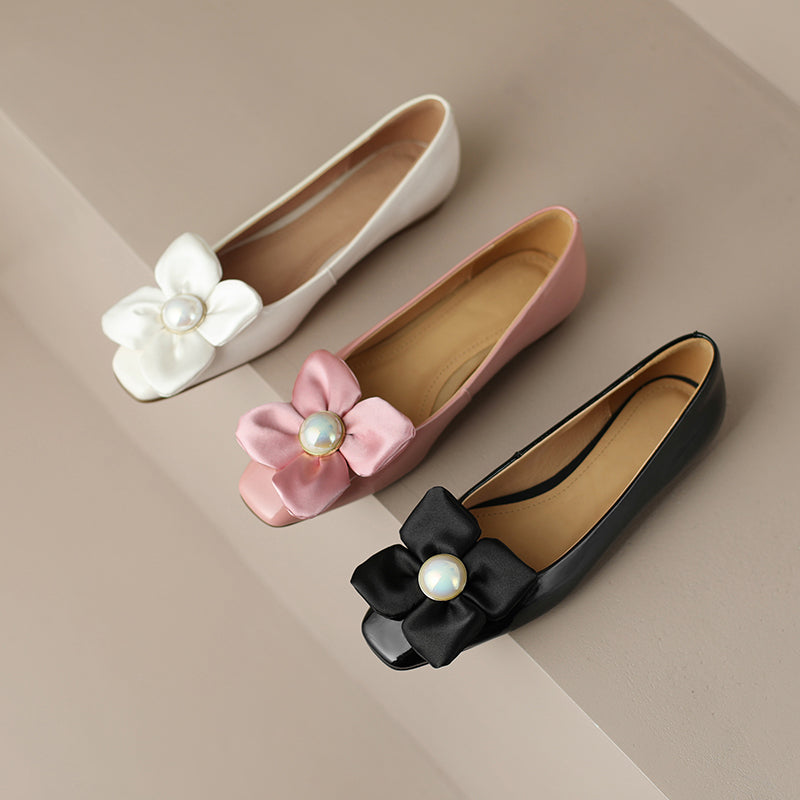 Ladies Square Toe Flats With Flower Decoration